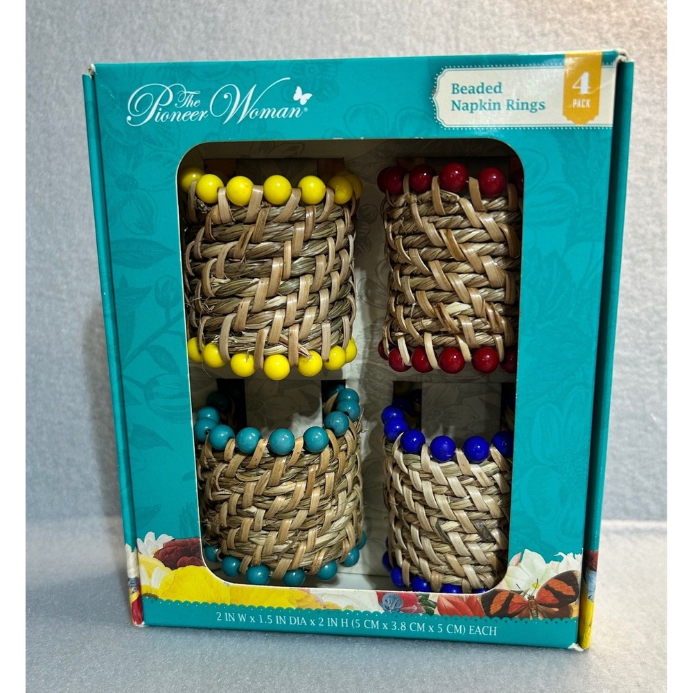 The Pioneer Woman Beaded Napkin Rings Multicolor OS Woven Natural Material 4 Pk